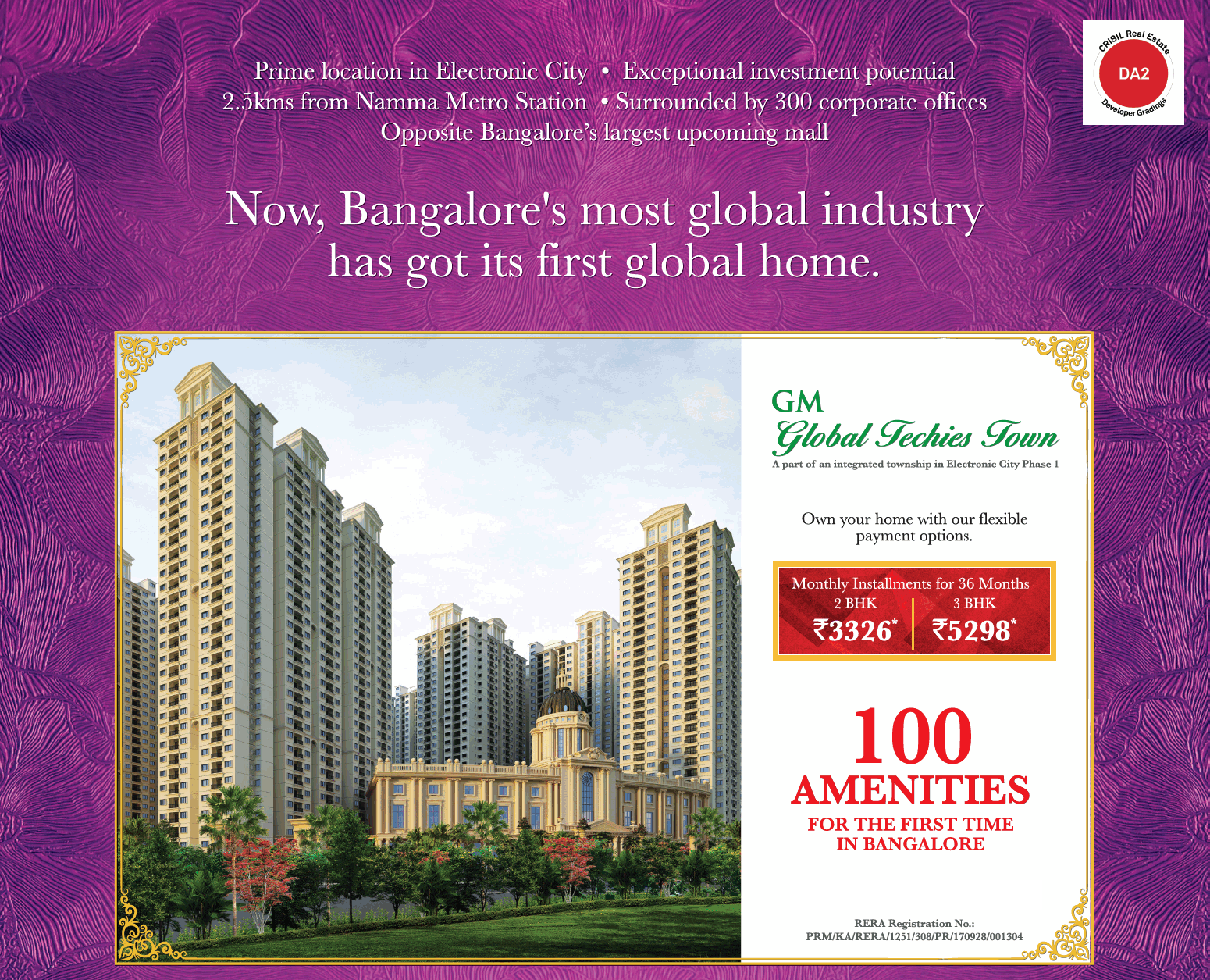 Avail 100 amenities for the first time at Global Techies Town in Bangalore